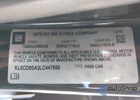 2020 Chevrolet Spark Fwd 1Lt Automatic z USA, uszkodzony, nr VIN KL8CD6SA3LC447699